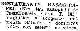 Pequeo anuncio del restaurante-balneario Capri de Gav Mar publicado en el diario La Vanguardia el 4 de mayo de 1968